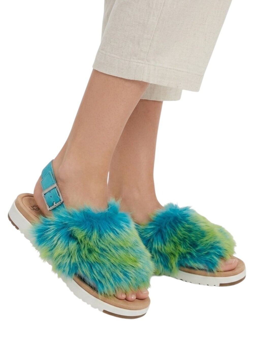UGG Holly Faux Fur Slingback Sandals Blue Green Tie Dye Women's 7.5 NIB